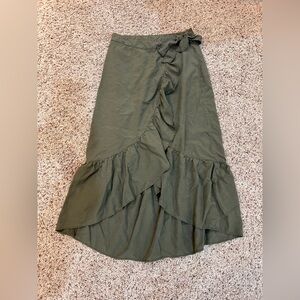 NAF NAF Asymmetrical Wrap Skirt Ruffle MIDI cottagecore safari tie closure